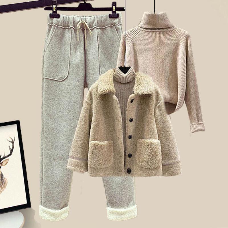 Lamb Wool Fur Sweater Casual Pants Three Piece Set Fashion Suit Women