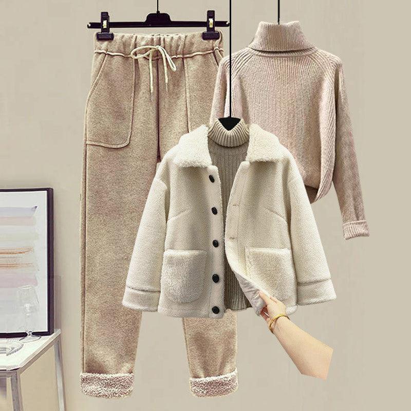 Lamb Wool Fur Sweater Casual Pants Three Piece Set Fashion Suit Women