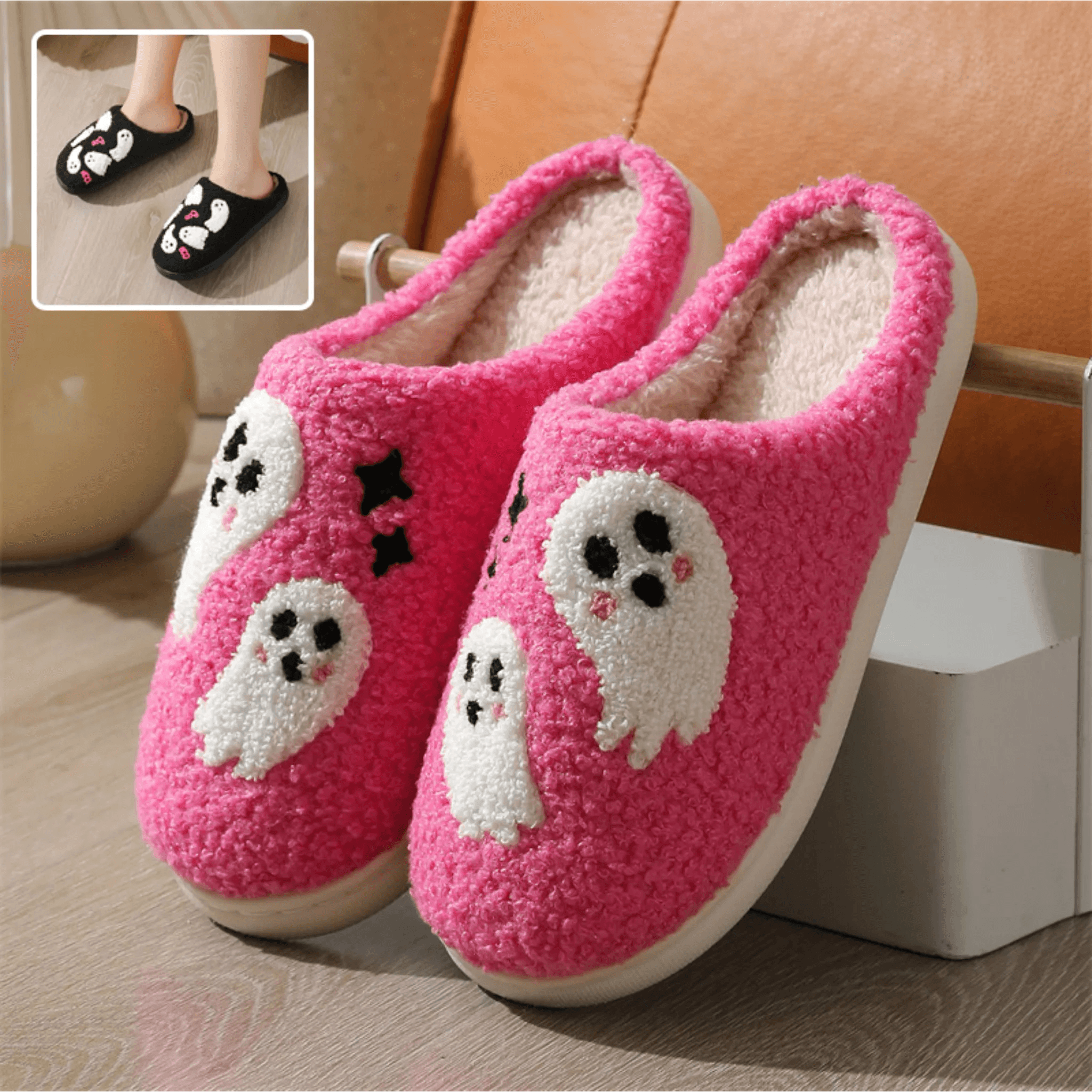 Cartoon Ghost Cotton Slippers – Non-slip Winter Indoor House Shoes for Women