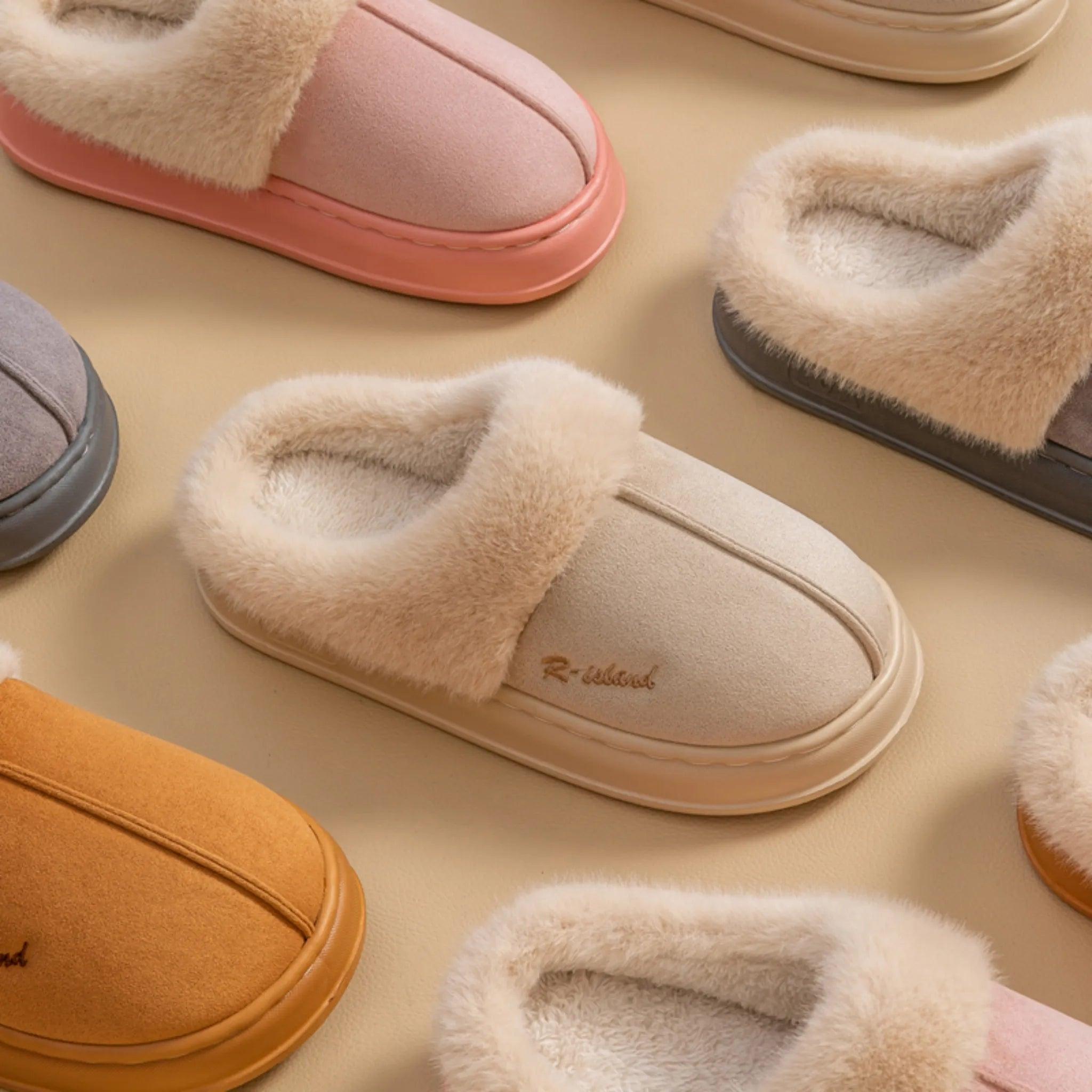 Nieuwe winter gezellig warme paar stijl beknopt pluizige slippers vrouwen mannen niet-slip zachte glijbanen indoor muilezel dameshuis katoenschoenen