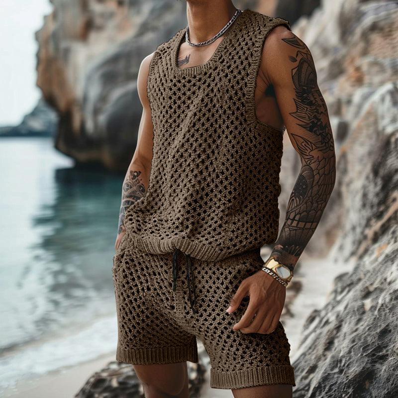 Set de camisa y pantalones cortos de patrón vertical de ajuste delgado para hombres