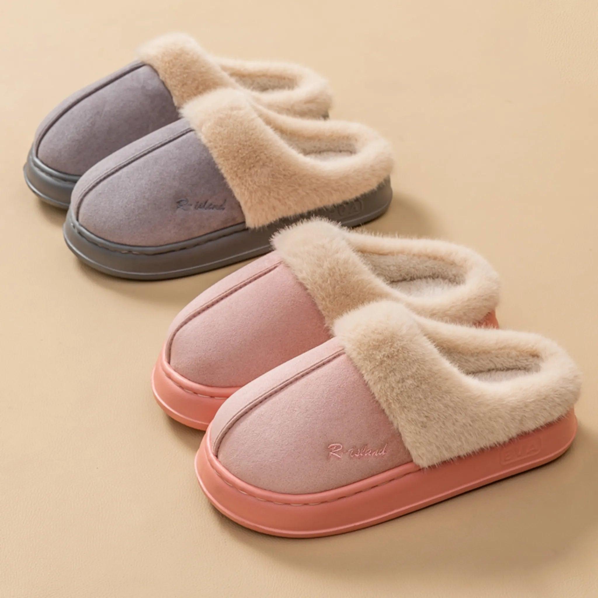 Nieuwe winter gezellig warme paar stijl beknopt pluizige slippers vrouwen mannen niet-slip zachte glijbanen indoor muilezel dameshuis katoenschoenen
