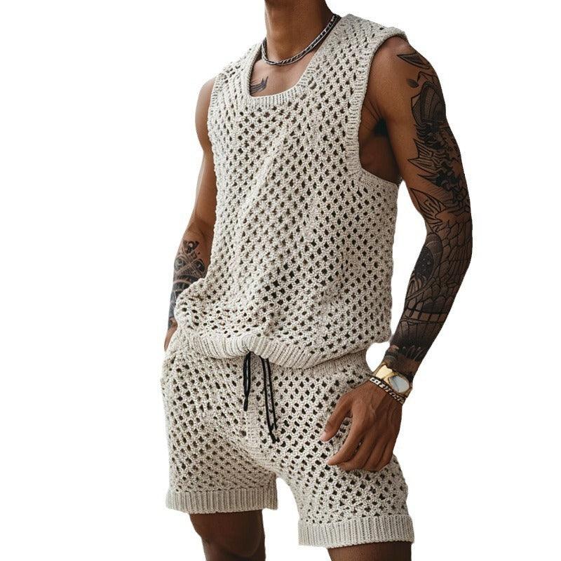 Set de camisa y pantalones cortos de patrón vertical de ajuste delgado para hombres