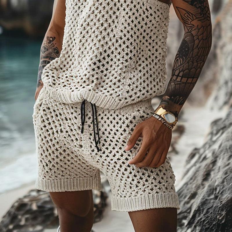 Set de camisa y pantalones cortos de patrón vertical de ajuste delgado para hombres