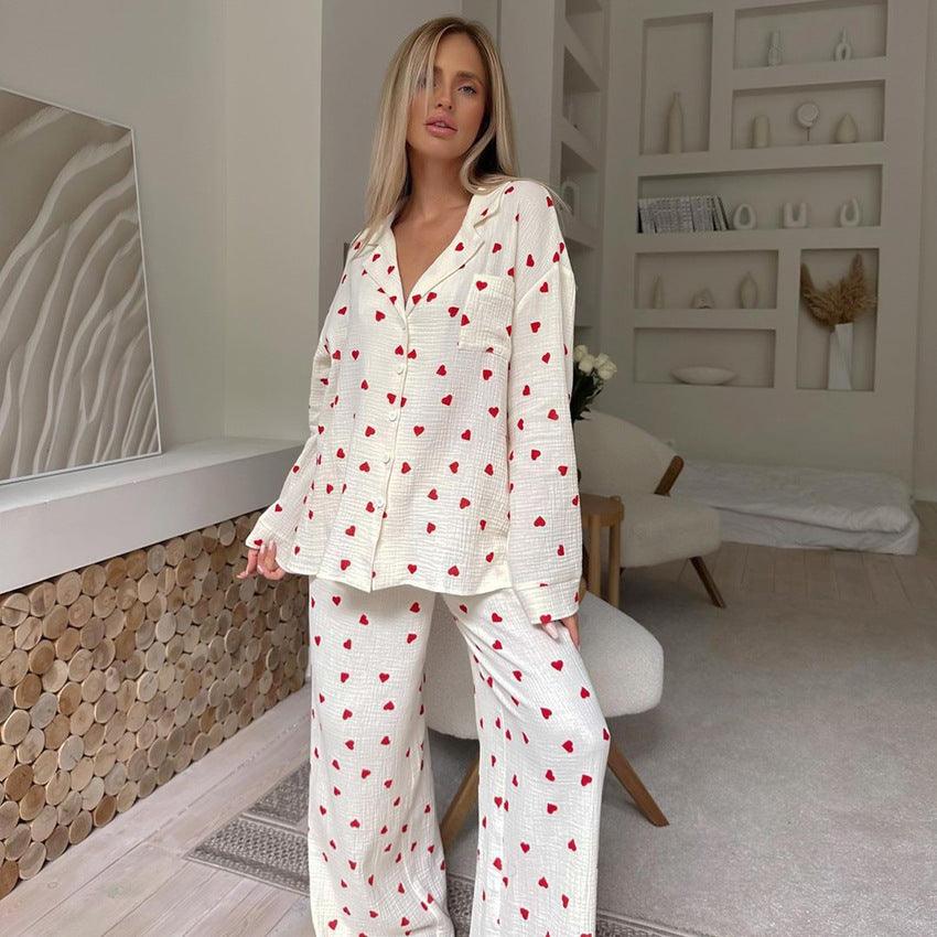 Heart-print cotton pajamas, Cotton pajama set for women, European style women’s pajamas, Women’s loungewear pajama set, Comfortable pajamas for women