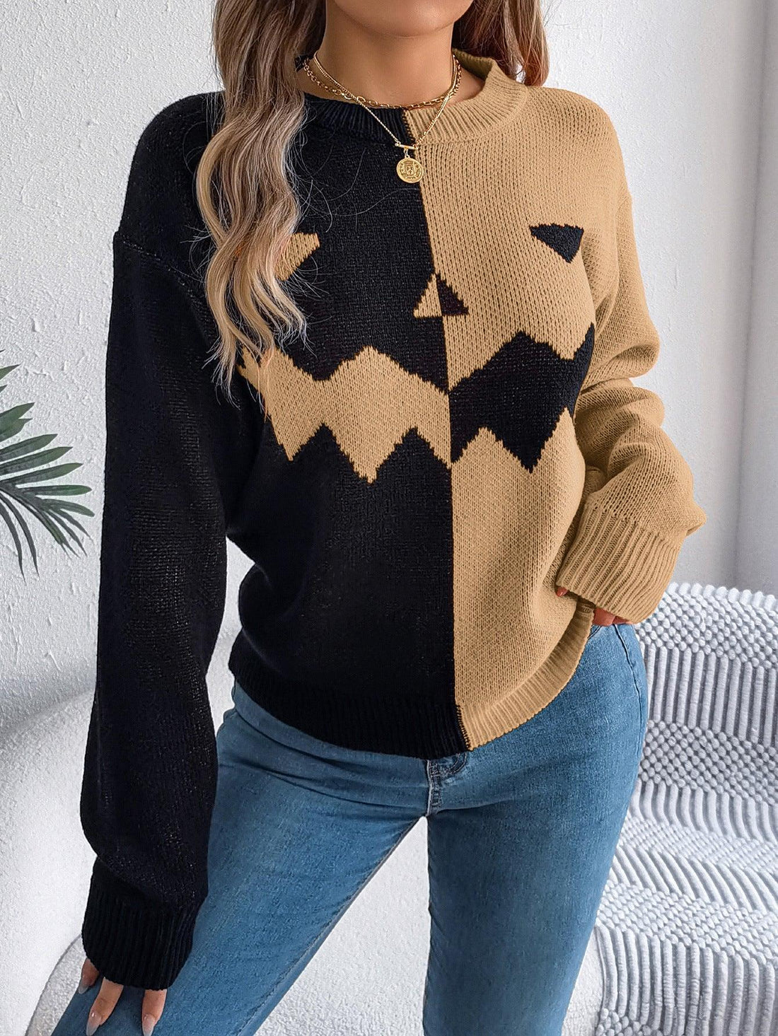 Contrast-color Pullover Sweater Fashion Long Sleeve Knitted Tops For Womens Clothing