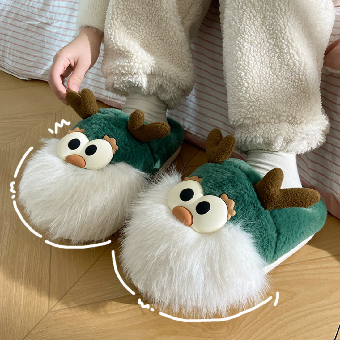 Cartoon Christmas Deer Slippers – Warm Plush Indoor Shoes for Women