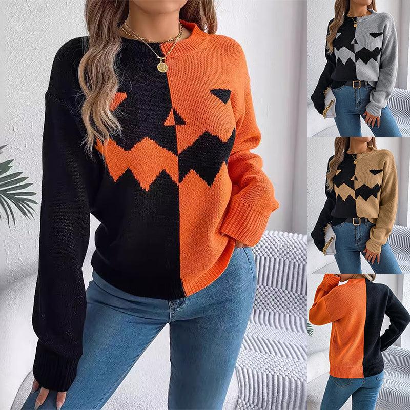 Contrast-color Pullover Sweater Fashion Long Sleeve Knitted Tops For Womens Clothing