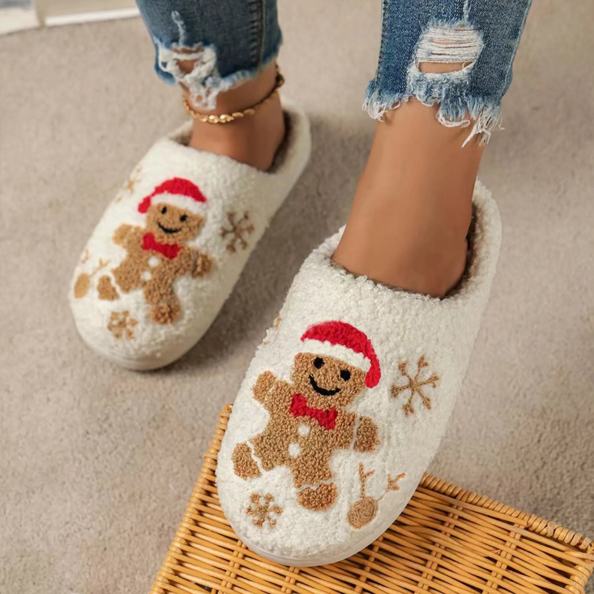 Christmas Snowflake Gingerbread Slippers Winter Indoor Non glip-glisser Chaussures de maison floue pour femmes Slippers Home