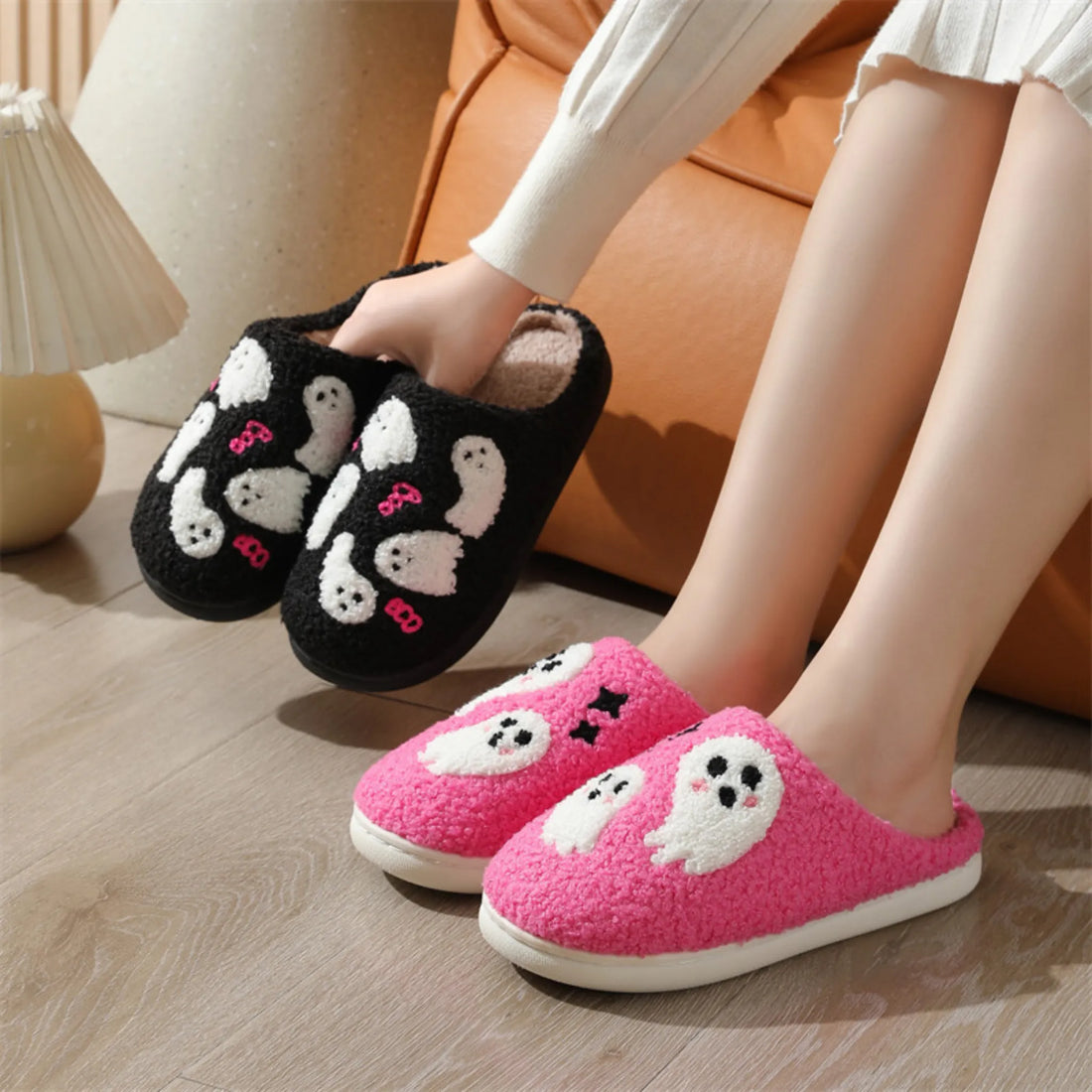 Cartoon Ghost Cotton Slippers – Non-slip Winter Indoor House Shoes for Women