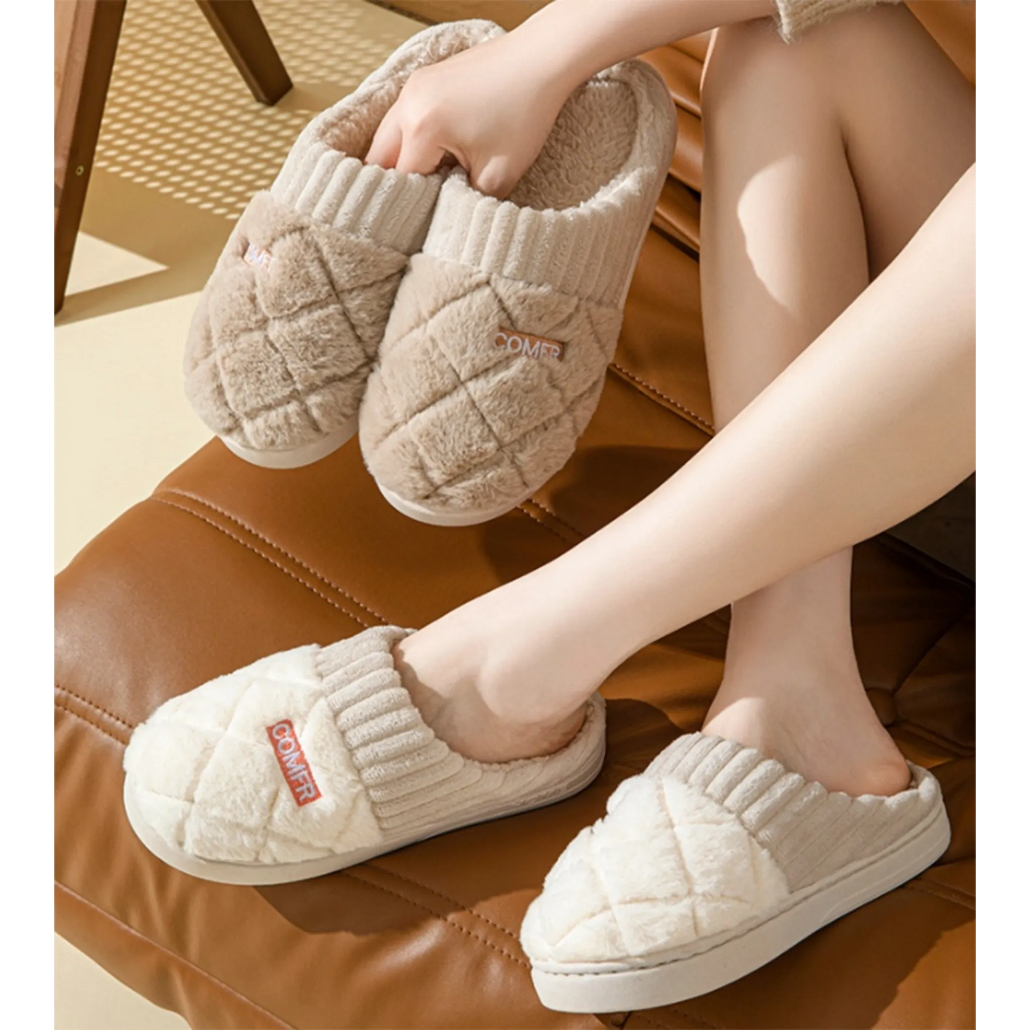 Rhombic Letter Home Slippers – Warm Non-slip Plush Shoes for Couples