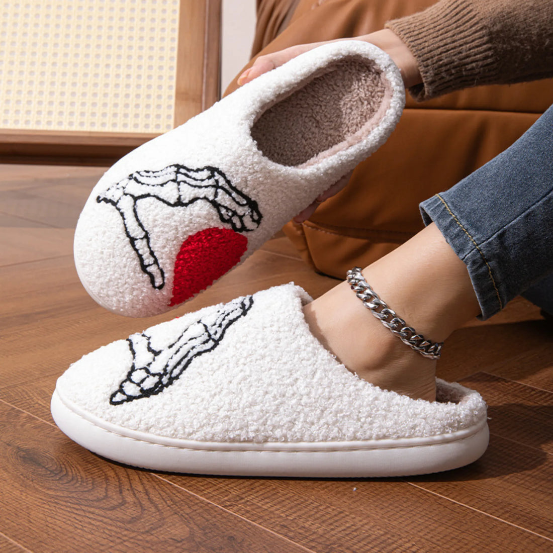 Men &amp; Women Skull Hand Slippers – Soft, Non-slip, Warm Cotton Home Shoes