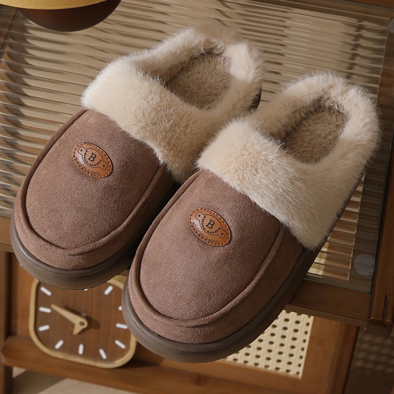 Winter Plush Suede Slippers for Men – Warm, Non-slip Indoor Shoes