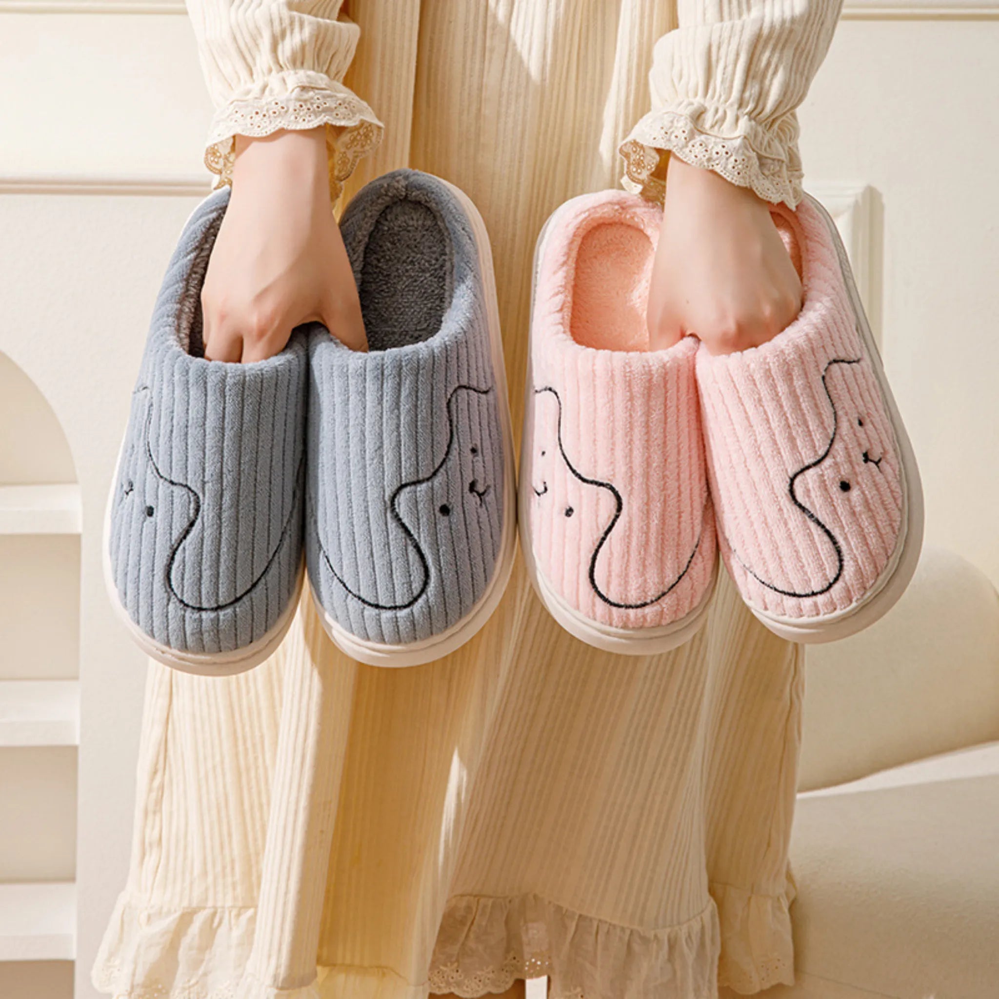 Striped Cat Slippers – Warm Non-slip Indoor House Shoes for Couples