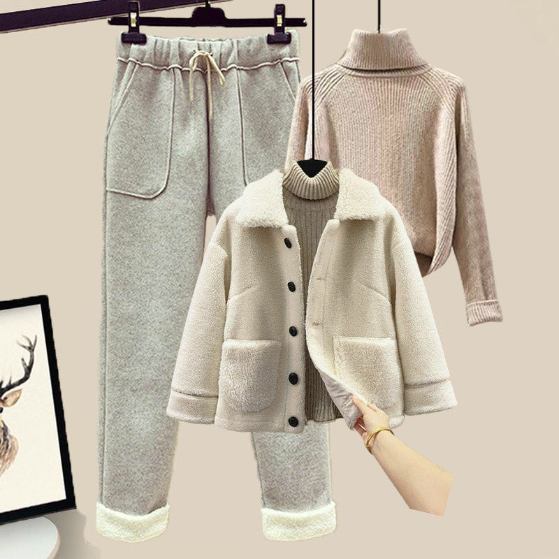 Lamb Wool Fur Sweater Casual Pants Three Piece Set Fashion Suit Women