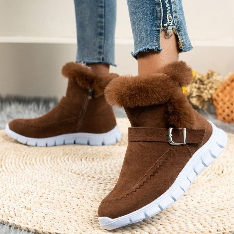 New Snow Boots Winter Warm Thickened Solid Color Plush Ankle Boots With Buckle Design Plus Velvet Flat Shoes For Women