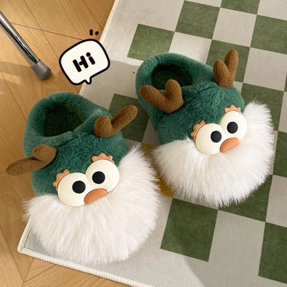 Cartoon Christmas Deer Slippers – Warm Plush Indoor Shoes for Women