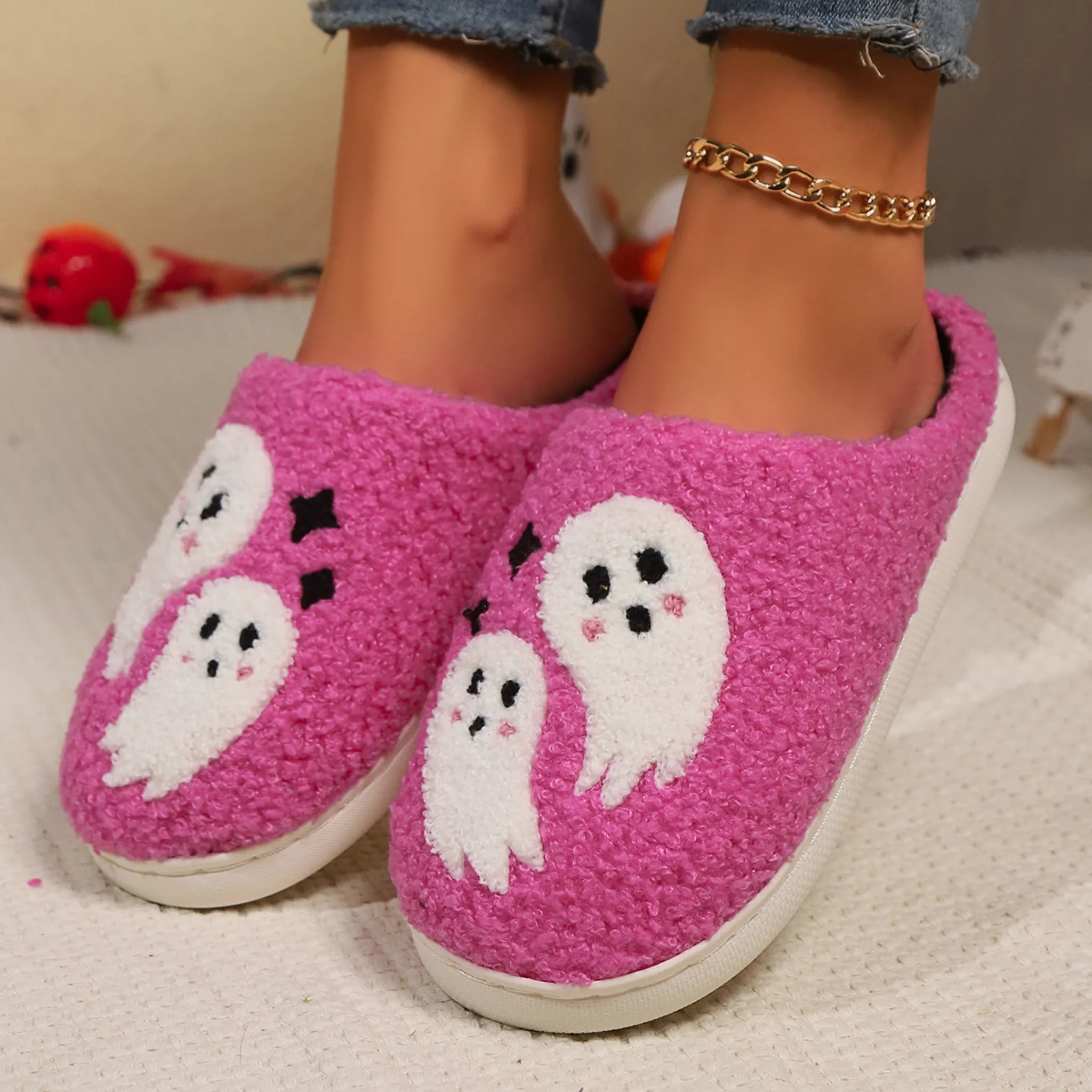 Cartoon Ghost Cotton Slippers – Non-slip Winter Indoor House Shoes for Women