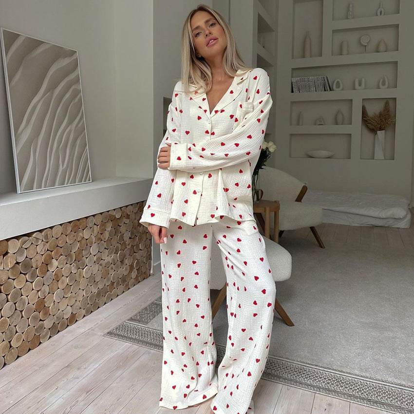 Heart-print cotton pajamas, Cotton pajama set for women, European style women’s pajamas, Women’s loungewear pajama set, Comfortable pajamas for women