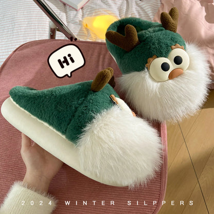 Cartoon Christmas Deer Slippers – Warm Plush Indoor Shoes for Women