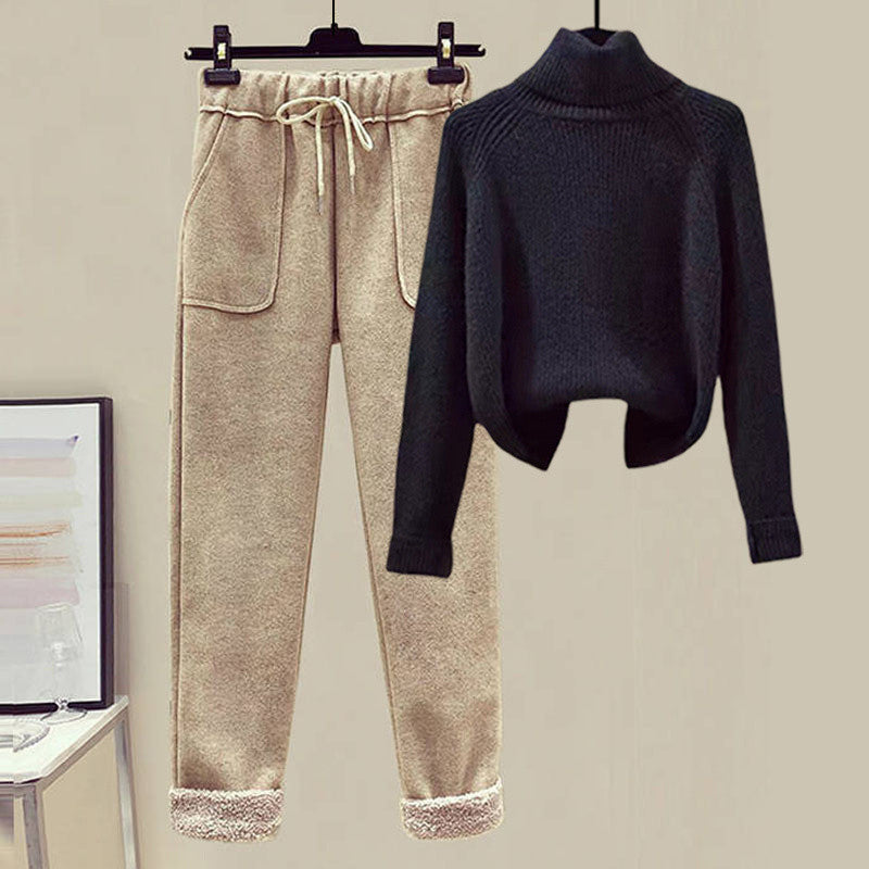 Lamb Wool Fur Sweater Casual Pants Three Piece Set Fashion Suit Women