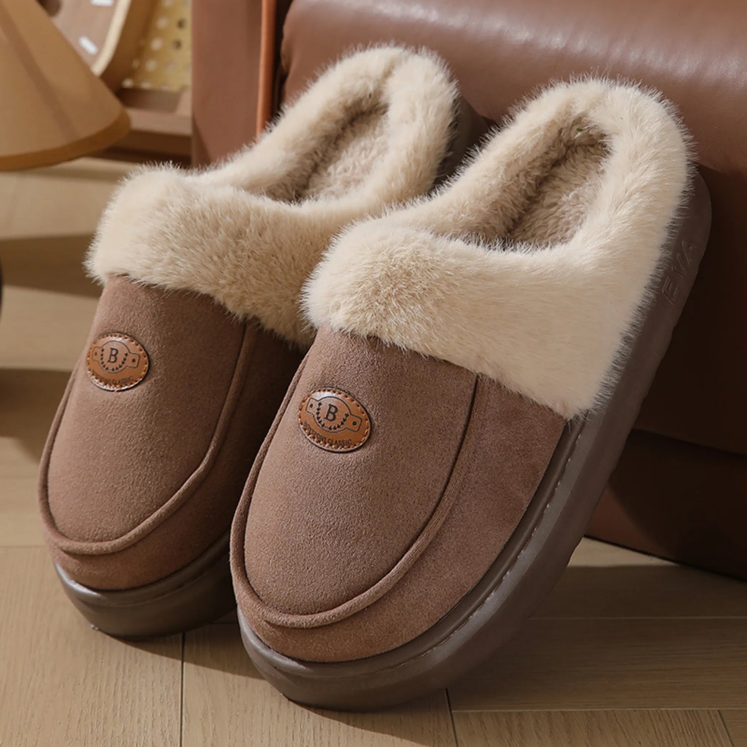 Winter Plush Suede Slippers for Men – Warm, Non-slip Indoor Shoes