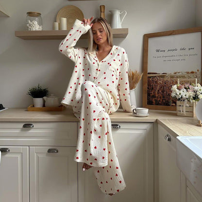 Heart-print cotton pajamas, Cotton pajama set for women, European style women’s pajamas, Women’s loungewear pajama set, Comfortable pajamas for women