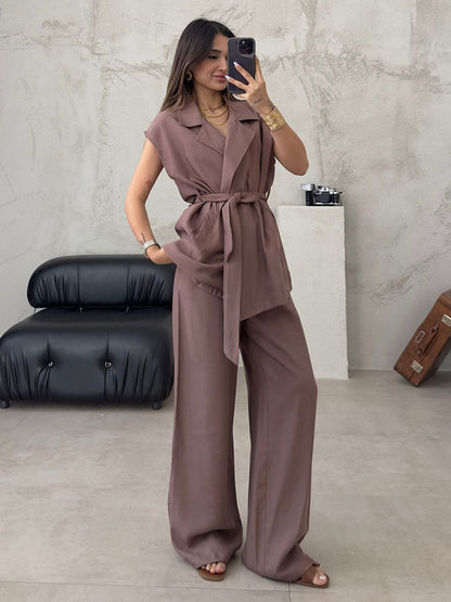 Sleeveless top and trousers set, Lace-up women’s two-piece outfit, Women’s sleeveless lace-up set, Polyester casual two-piece set, Casual lace-up trousers set