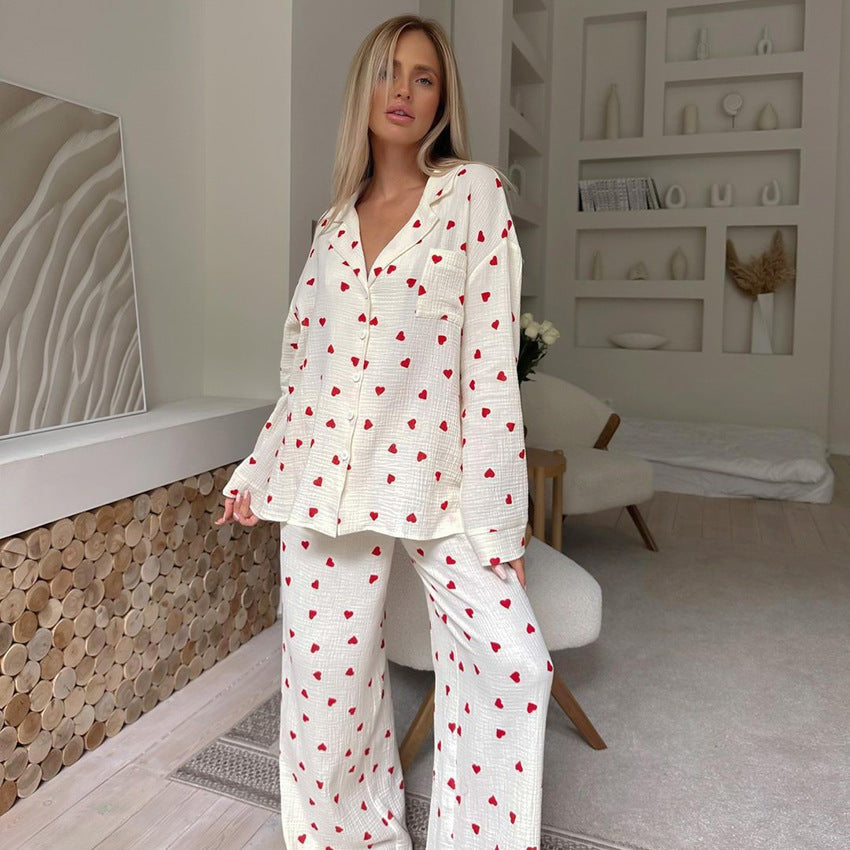 Heart-print cotton pajamas, Cotton pajama set for women, European style women’s pajamas, Women’s loungewear pajama set, Comfortable pajamas for women