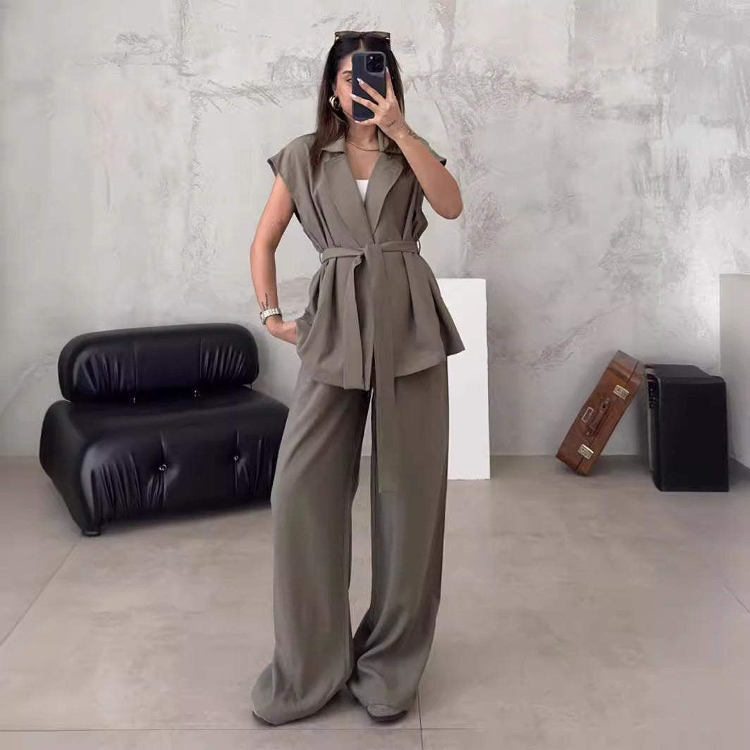 Sleeveless top and trousers set, Lace-up women’s two-piece outfit, Women’s sleeveless lace-up set, Polyester casual two-piece set, Casual lace-up trousers set