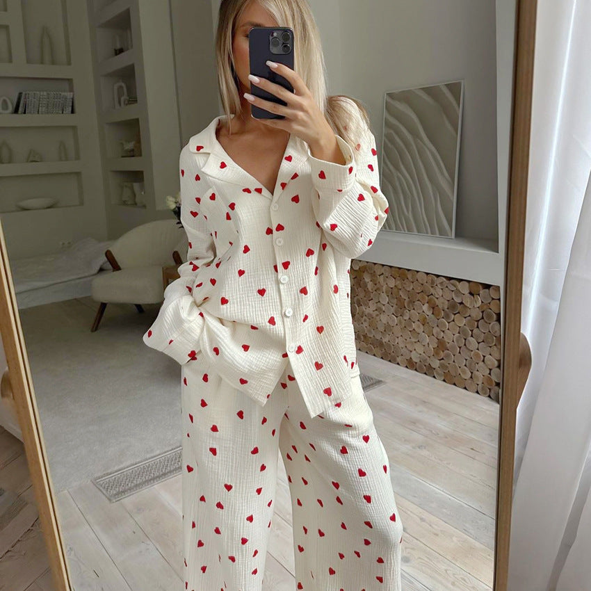 Heart-print cotton pajamas, Cotton pajama set for women, European style women’s pajamas, Women’s loungewear pajama set, Comfortable pajamas for women